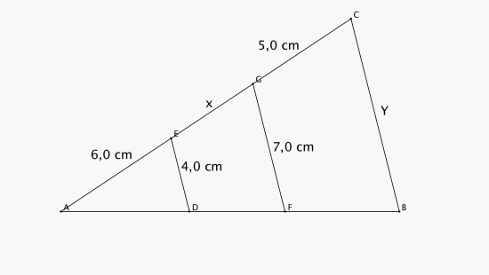 En stor trekant ABC som er delt av to linjestykker, ED = 4,0 cm og GF=7,0 cm. BC = y og GC = 5,0 cm, EG = x og AE = 6,0 cm.